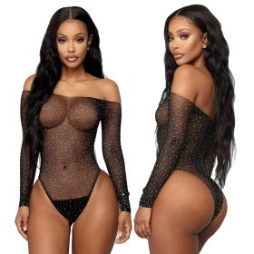 Women's Rhinestone Bikini Underwear Mesh Bodysuit (Option: Black-Free Size Color Packaging)