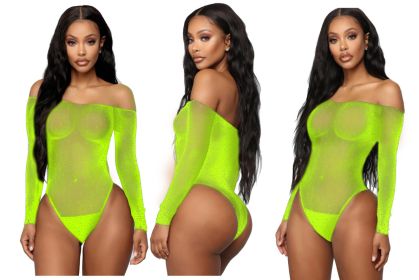 Women's Rhinestone Bikini Underwear Mesh Bodysuit (Option: Fluorescent Yellow-Free Size Color Packaging)